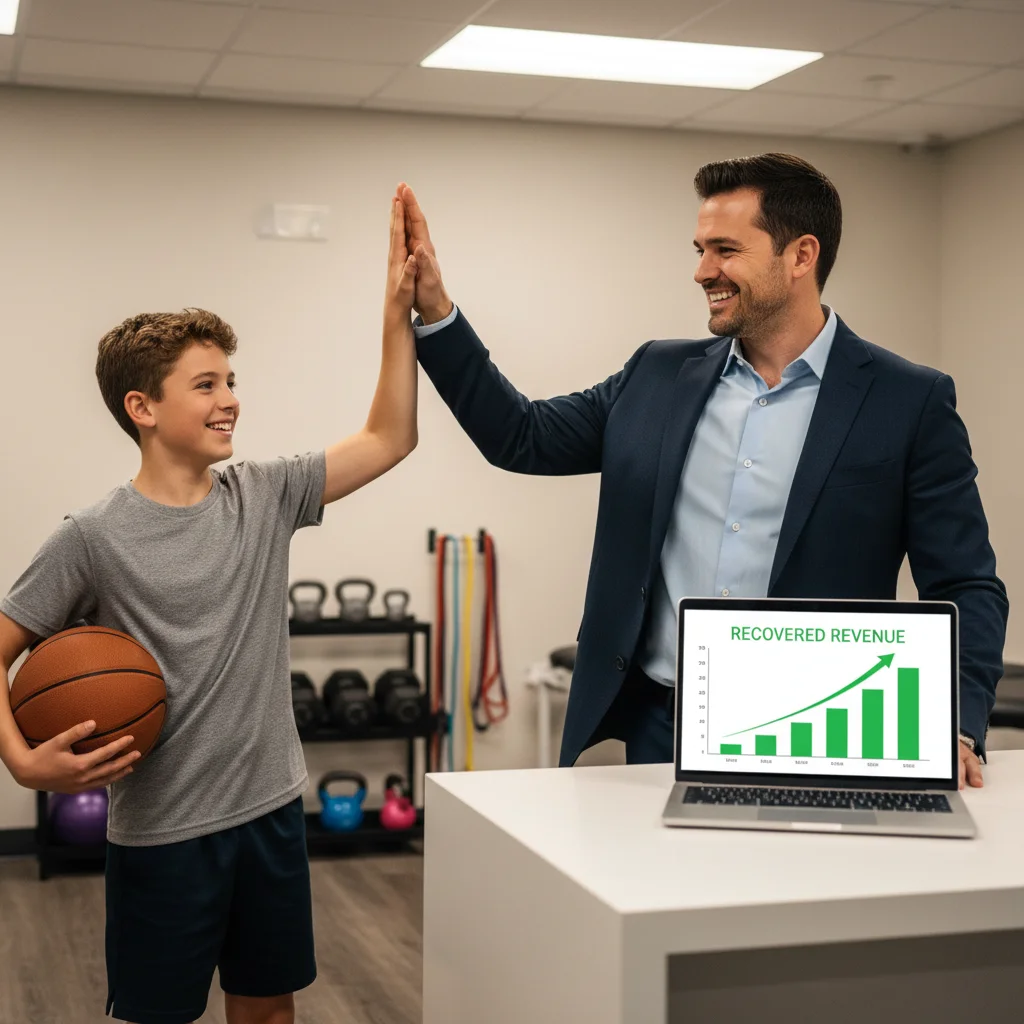 A boy holding a basketball and a man in a suit high-five in a bright room. Nearby, a laptop shows a graph labeled Recovered Revenue, indicating growth
