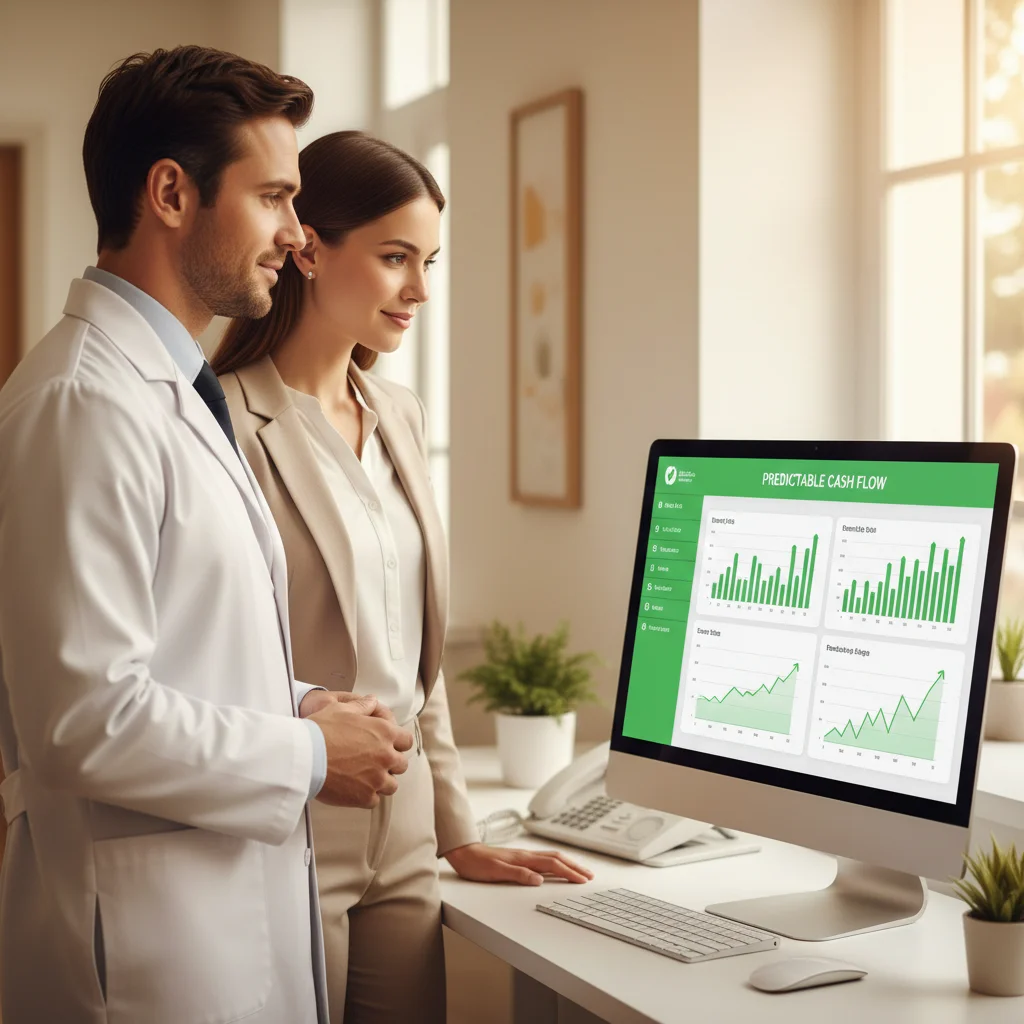A man and a woman in business attire look at a computer displaying cash flow graphs. The room is well-lit, conveying a professional and focused atmosphere