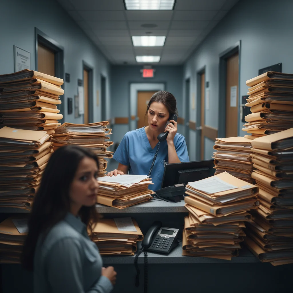 A nurse in blue scrubs sits at a desk with a phone, surrounded by tall stacks of medical files in a busy hospital corridor. A sense of overwhelm is conveyed.