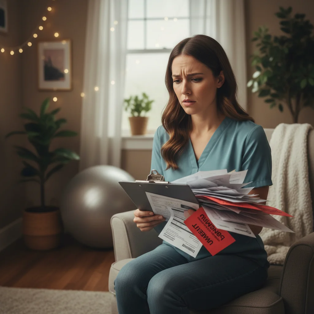 A worried woman in a blue blouse sits in a cozy room, holding a clipboard with disorganized papers labeled "urgent" and "overdue." The ambiance is warm, with plants and soft lighting.