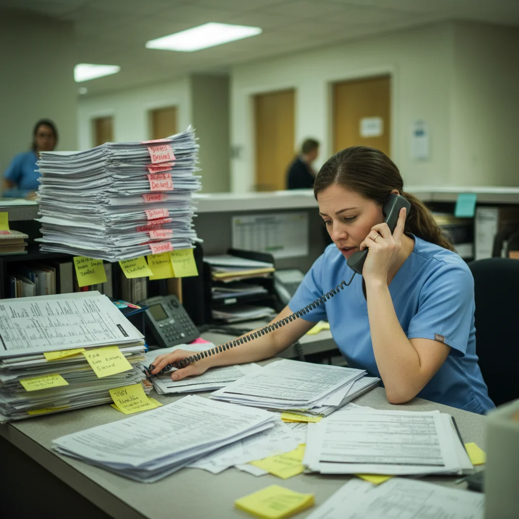 A nurse in blue scrubs is talking on the phone at a cluttered desk with tall stacks of paperwork and sticky notes, conveying busyness and focus.