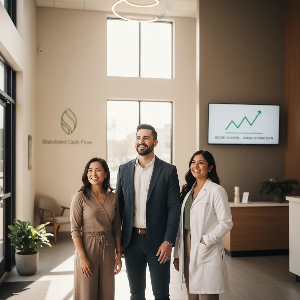 Three people smiling in a bright office lobby. One wears a lab coat. A sign reads "Stabilized Cash Flow," with a screen displaying a rising graph.