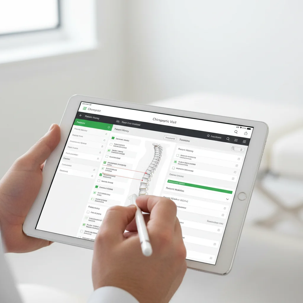Person using a stylus on a tablet displaying chiropractic visit software with a diagram of a spine and patient information.