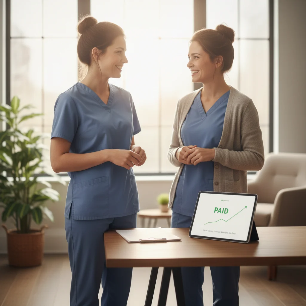 Two healthcare professionals in blue scrubs converse cheerfully beside a table with a tablet displaying "PAID" and an upward green arrow. Bright, airy room with plants.