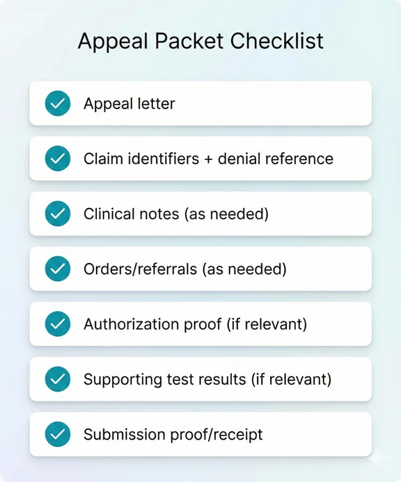 Appeal packet checklist showing required identifiers, letter, and supporting documentation
