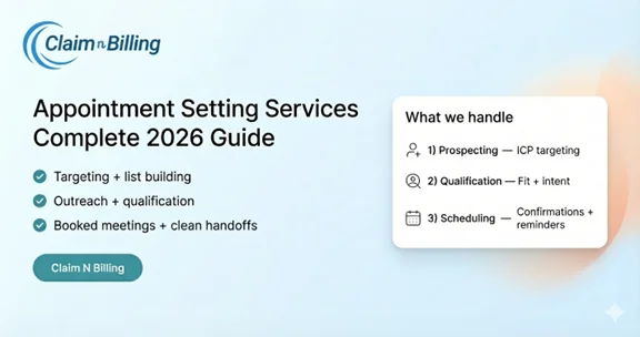 Appointment setting services featured banner with Claim N Billing branding and meeting booking theme