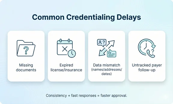 Common credentialing delays: inconsistent data, missing documents, expired items, and untracked follow-ups