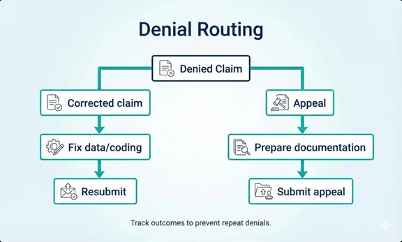 Denial routing decision tree for corrected claims, resubmission, and appeals