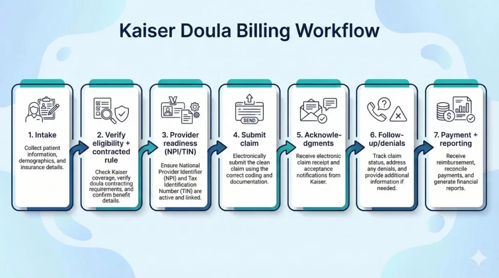 Kaiser doula billing workflow from intake and eligibility to payment and reporting