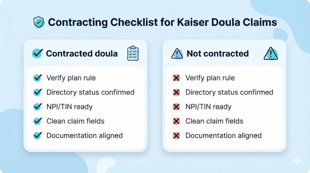 Checklist showing why Kaiser contracted doula status affects claim payment risk