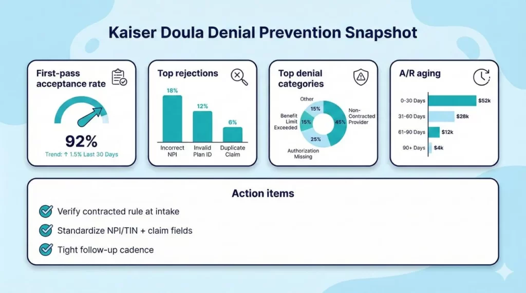 Denial prevention dashboard for Kaiser doula claims with top issues and actions 
