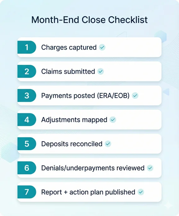 Month-end close checklist for posting, reconciliation, denial review, and reporting