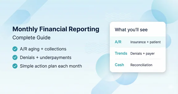 Monthly financial reporting featured banner with Claim N Billing branding