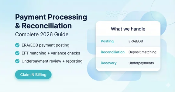 Payment processing and reconciliation featured banner with Claim N Billing branding
