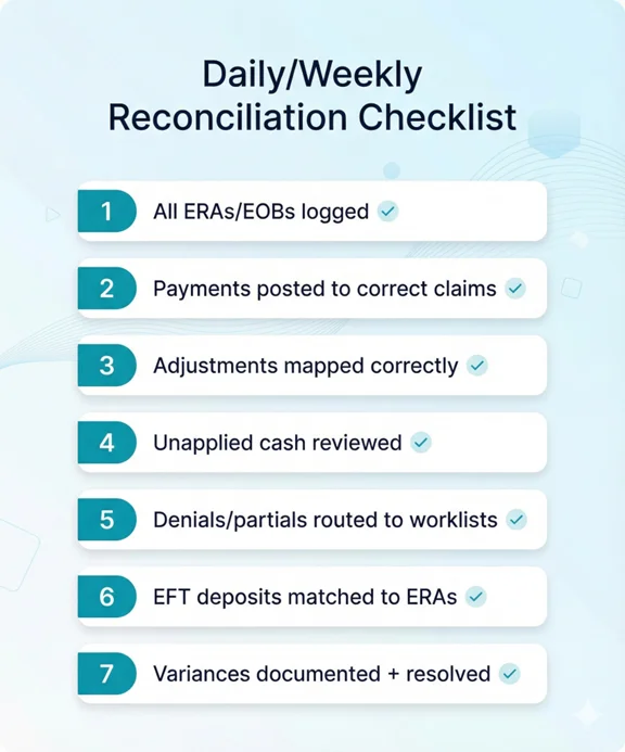 Medical billing reconciliation checklist for posting accuracy and deposit matching